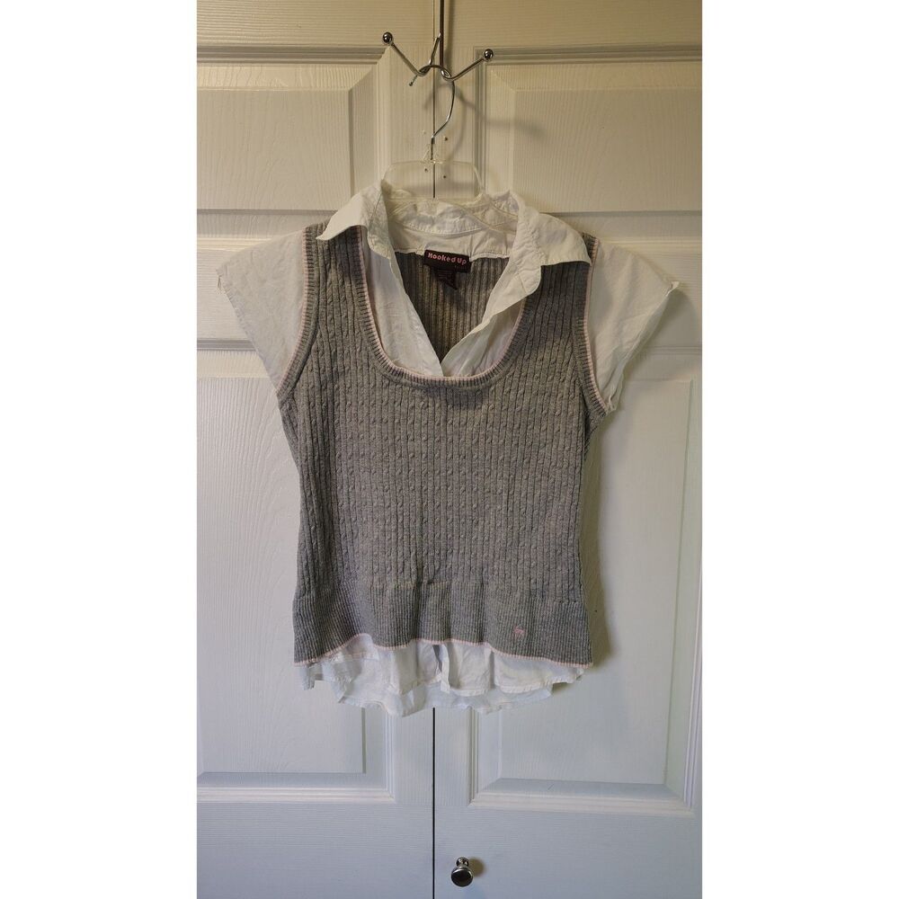 Y2K Preppy Hooked Up Gray Cable Knit Vest Attached White Blouse Large